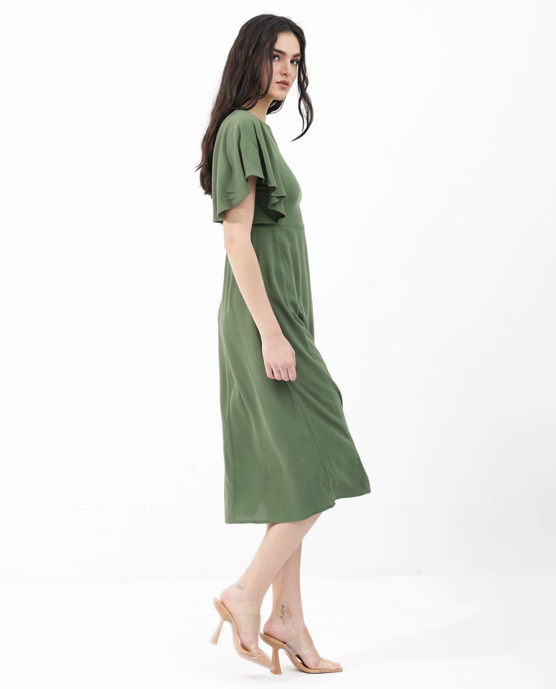 Rareism Women'S Midi Length Dress With Round Neck And Flared Sleeves