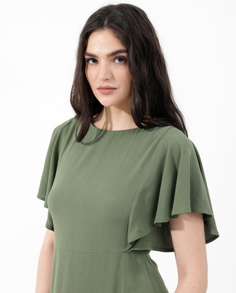Rareism Women'S Midi Length Dress With Round Neck And Flared Sleeves