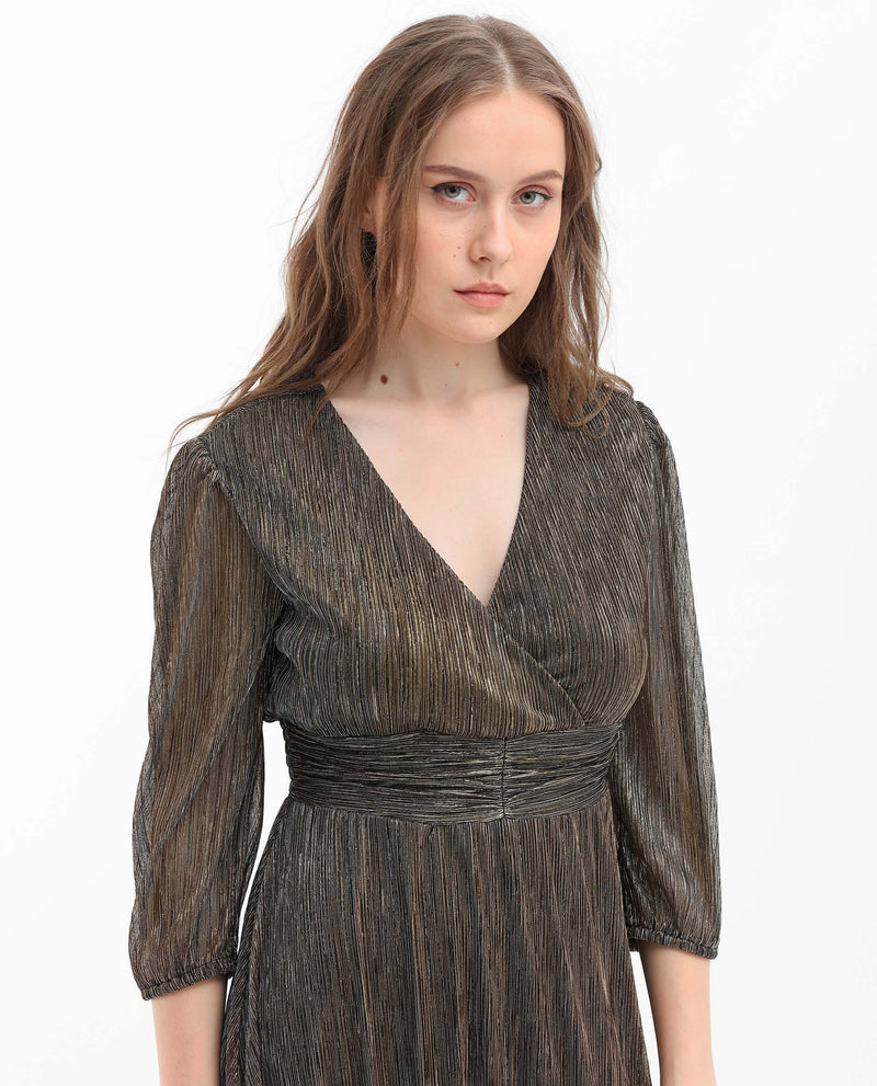 Rareism Women's Daso Metallic Gold V Overlap Neck 3/4 Sleeves Shimmer Party Maxi Dress