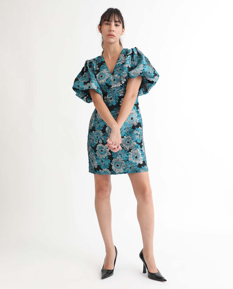 Rareism Women's Daveth Metallic Blue Floral Print V Neck Puffed Short Sleeves Mini Dress