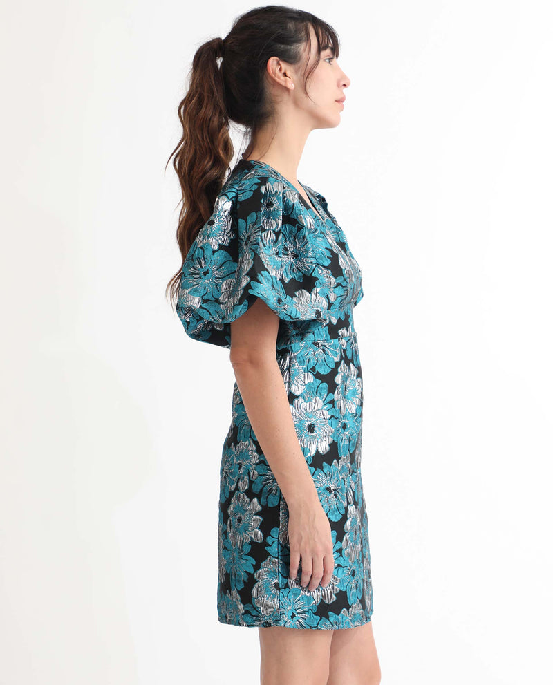 Rareism Women's Daveth Metallic Blue Floral Print V Neck Puffed Short Sleeves Mini Dress