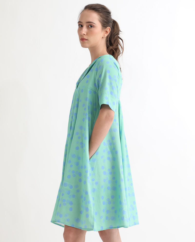 Rareism Women's Davidson Dusky Green Cotton Fabric Short Sleeves Over Lap Flared Fit Polka Short Empire Dress