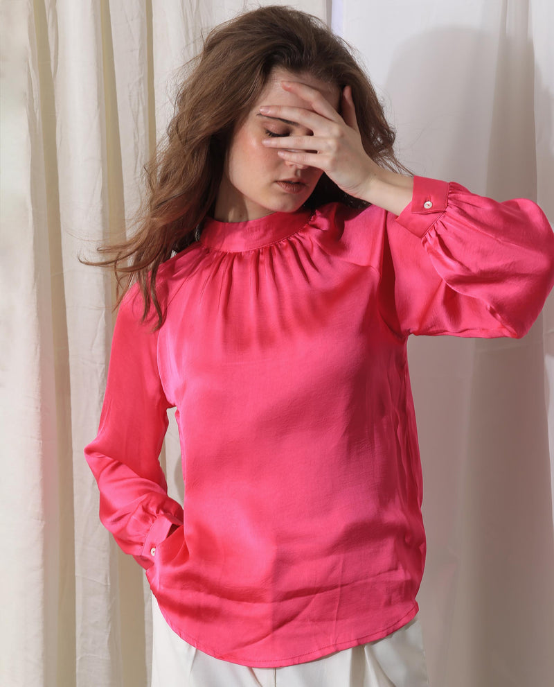 Rareism Women's Kaylinn Fluorescent Pink Polyester Fabric Full Sleeves Button Closure High Neck Volume Sleeve Relaxed Fit Plain Top