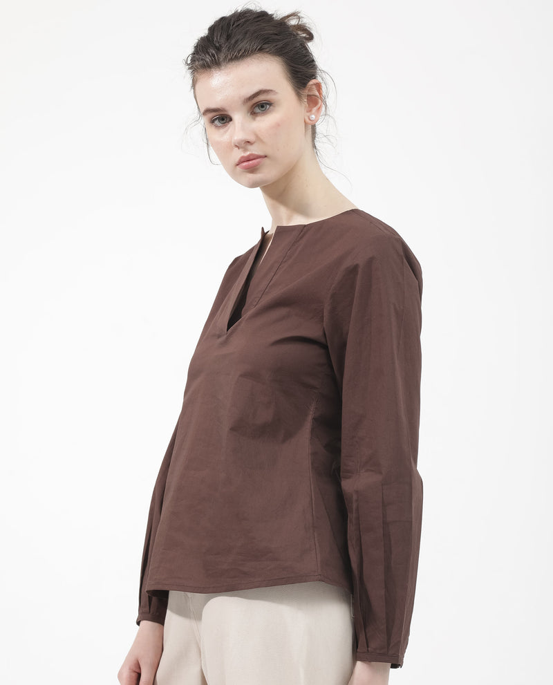 Rareism Women'S Dione Brown Cotton Fabric Full Sleeve Mandarin Collar Solid Regular Fit Top