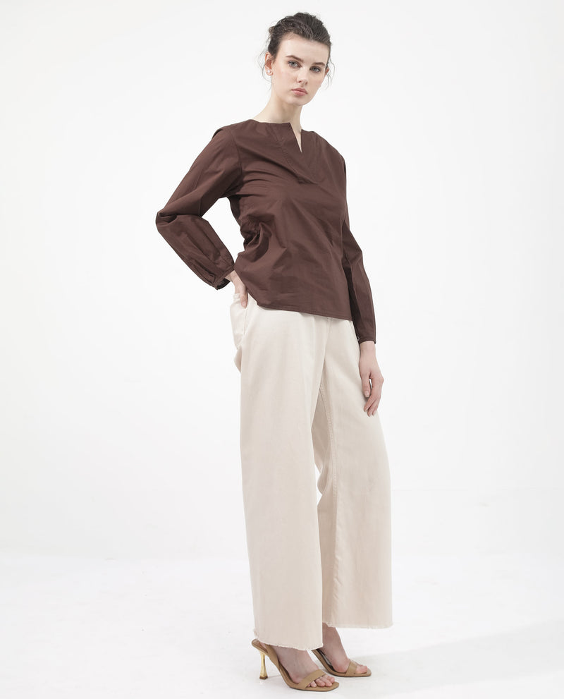 Rareism Women'S Dione Brown Cotton Fabric Full Sleeve Mandarin Collar Solid Regular Fit Top