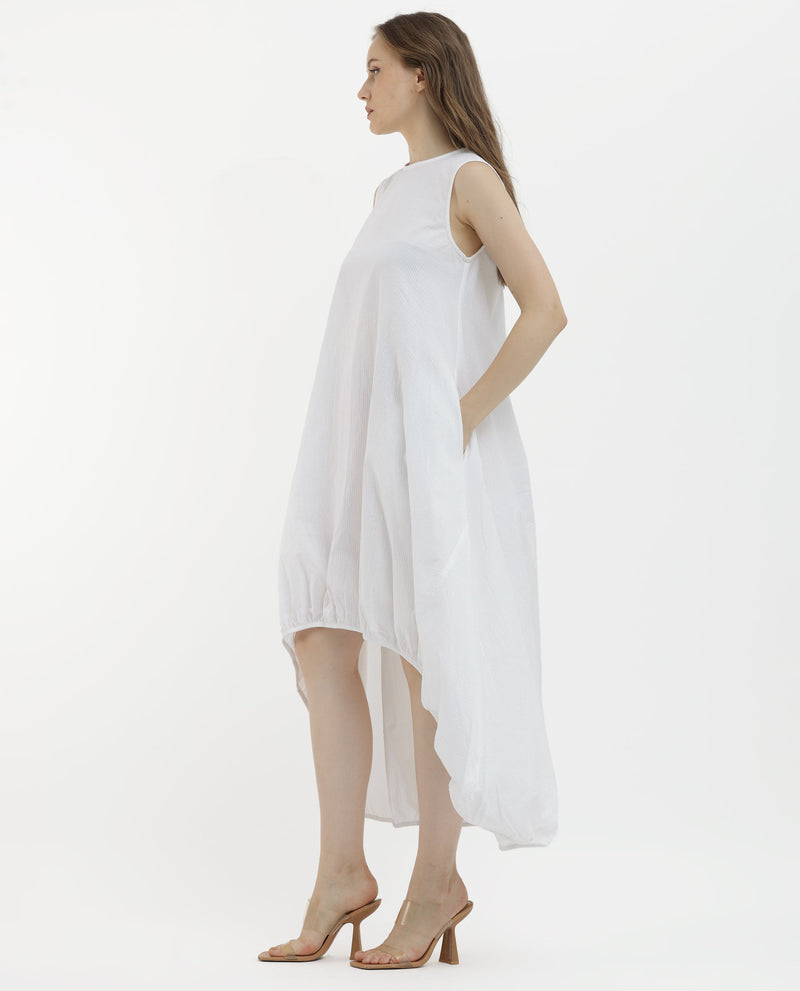 Rareism Women's Divan Light White Cotton Fabric Zip Closure Round Neck Sleeveless Relaxed Fit Plain Midi Dress