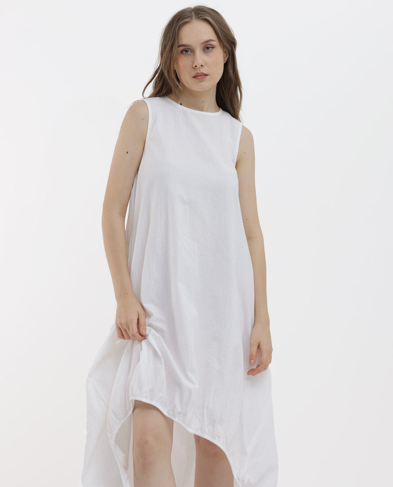 Rareism Women's Divan Light White Cotton Fabric Zip Closure Round Neck Sleeveless Relaxed Fit Plain Midi Dress