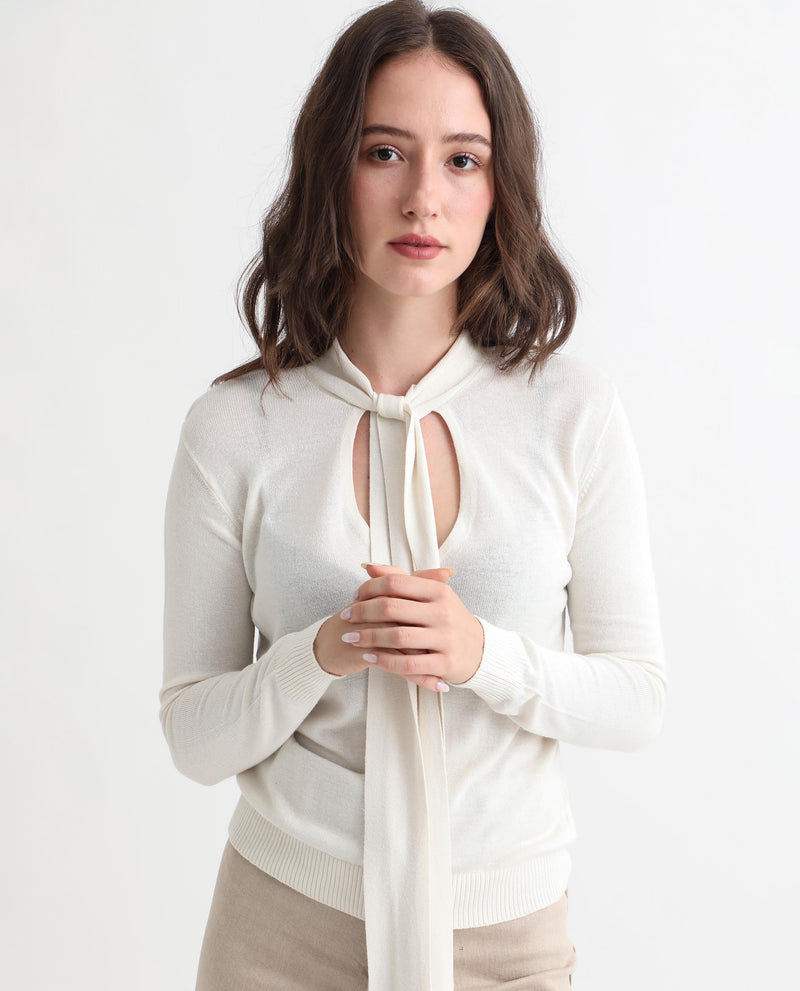 Rareism Women'S Dolce White Viscose Fabric Full Sleeves Regular Fit Solid Tie-Up Neck Sweater