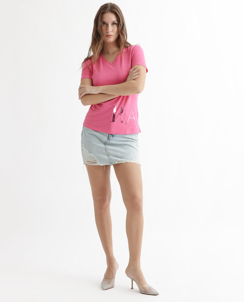Rareism Women'S Donovan Pink Cotton Fabric Regular Fit Half Sleeves Graphic Print Crew Neck T-Shirt