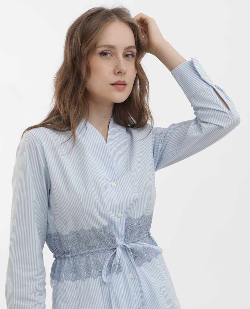 Rareism Women's Doose Blue Cotton Fabric Full Sleeves Button Closure Collared Neck Cuffed Sleeve Regular Fit Plain Top