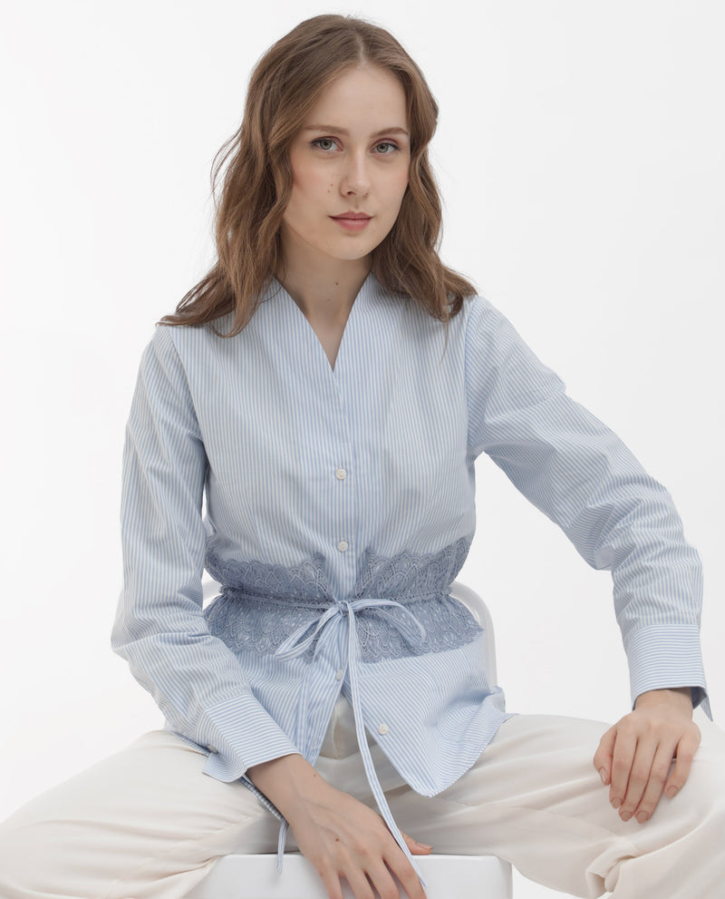 Rareism Women's Doose Blue Cotton Fabric Full Sleeves Button Closure Collared Neck Cuffed Sleeve Regular Fit Plain Top