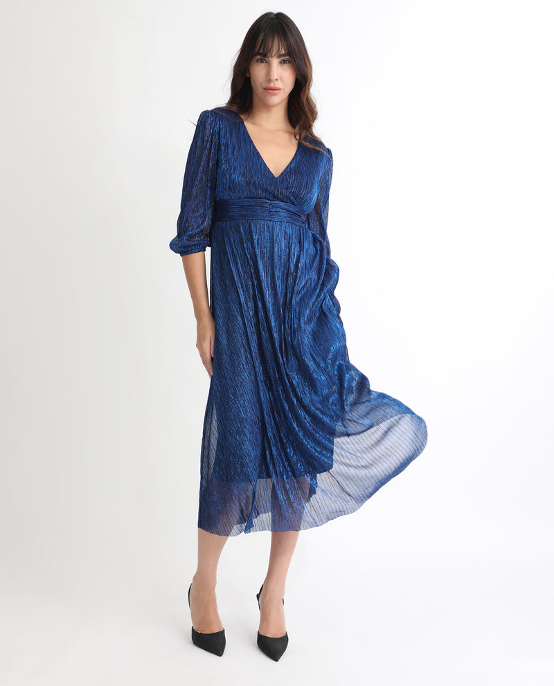 RAREISM WOMEN'S DASO METALIC BLUE DRESS FULL SLEEVES V NECK SOLID