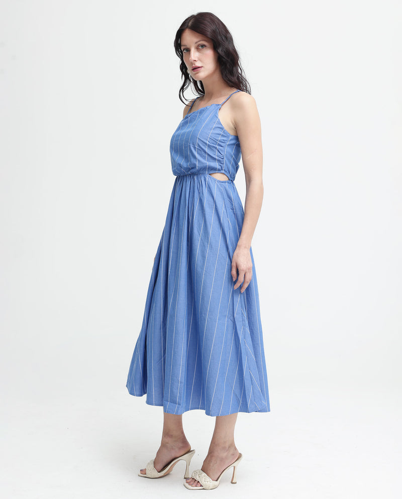 Rareism Women'S Doyle Blue Cotton Fabric Noodle Strap Off Shoulder Longline Fit And Flare Stripe Dress