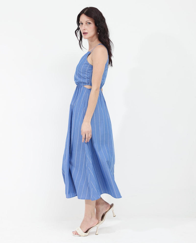 Rareism Women'S Doyle Blue Cotton Fabric Noodle Strap Off Shoulder Longline Fit And Flare Stripe Dress