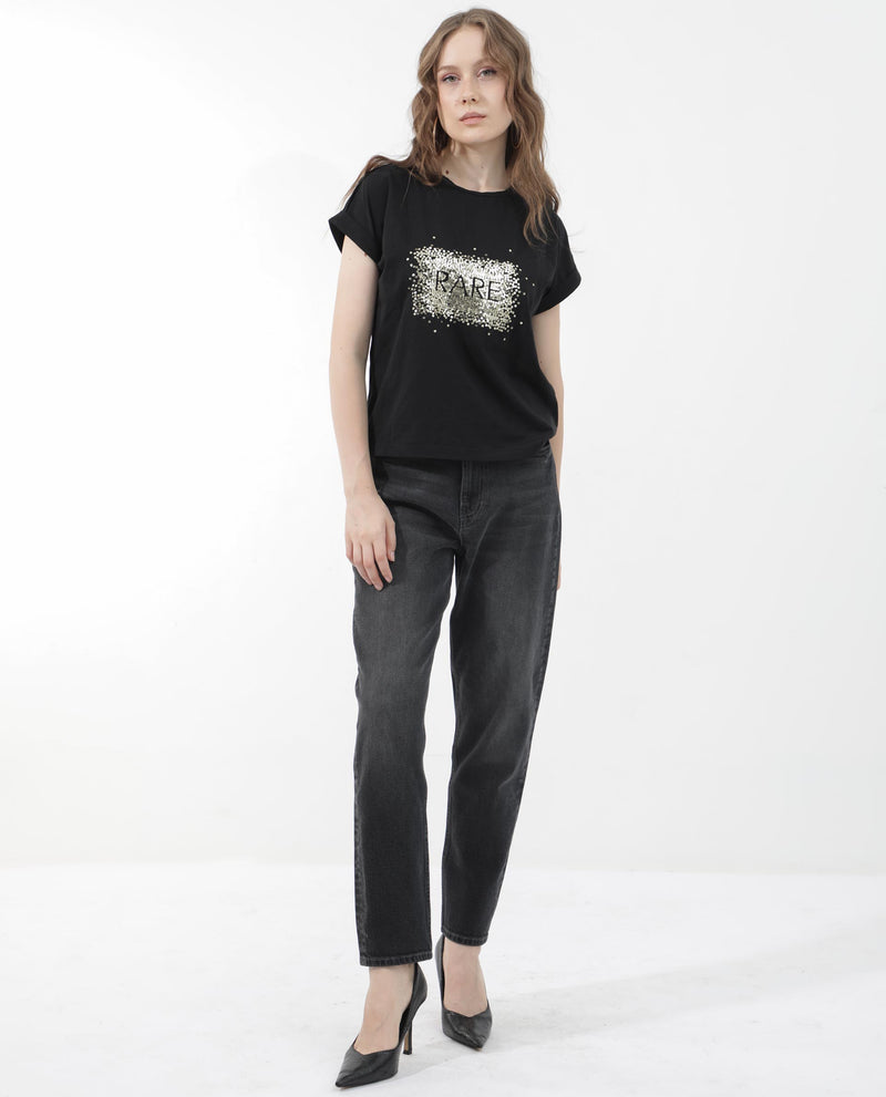 Rareism Women'S Rento Black Cotton Elastane Fabric Crew Neck Knit Solid T-Shirt