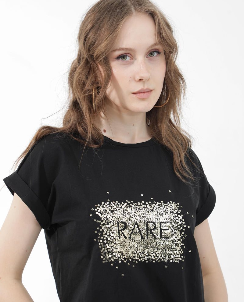 Rareism Women'S Rento Black Cotton Elastane Fabric Crew Neck Knit Solid T-Shirt