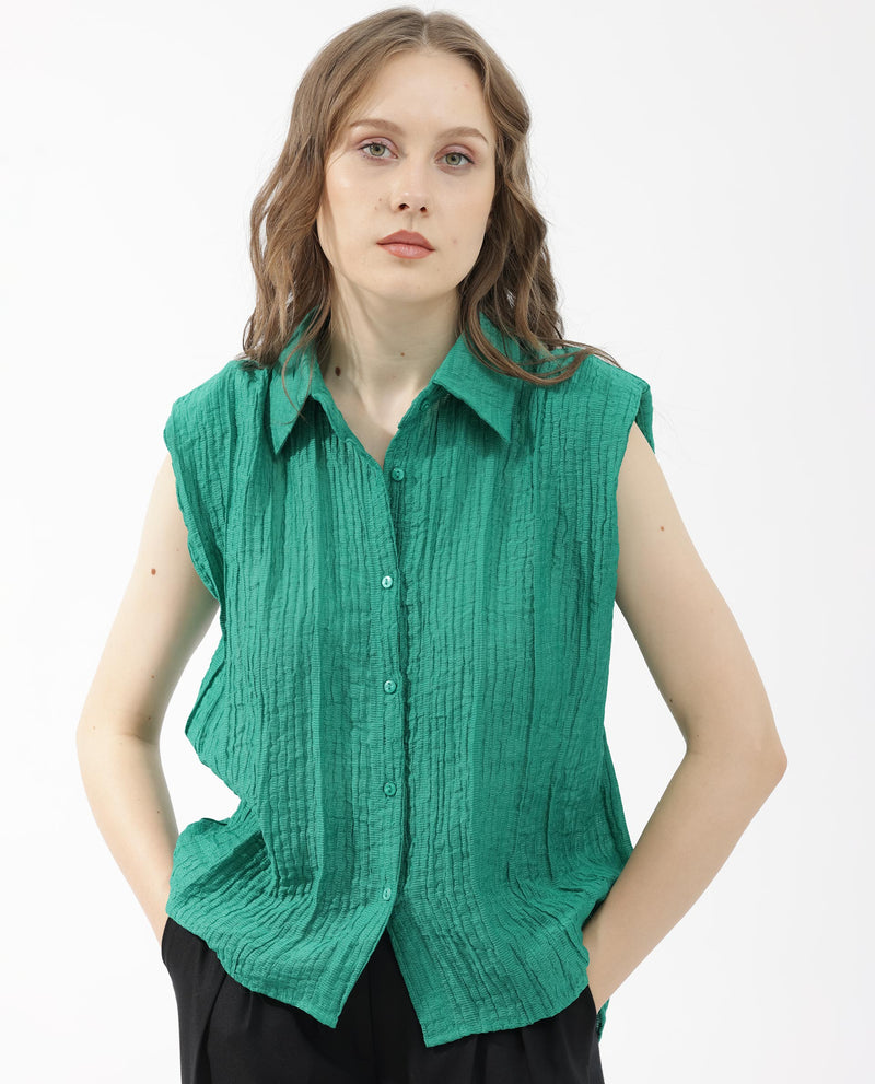 Rareism Women's Drummy Green Rayon Nylon Fabric Sleeveless Collared Neck Solid Regular Length Top