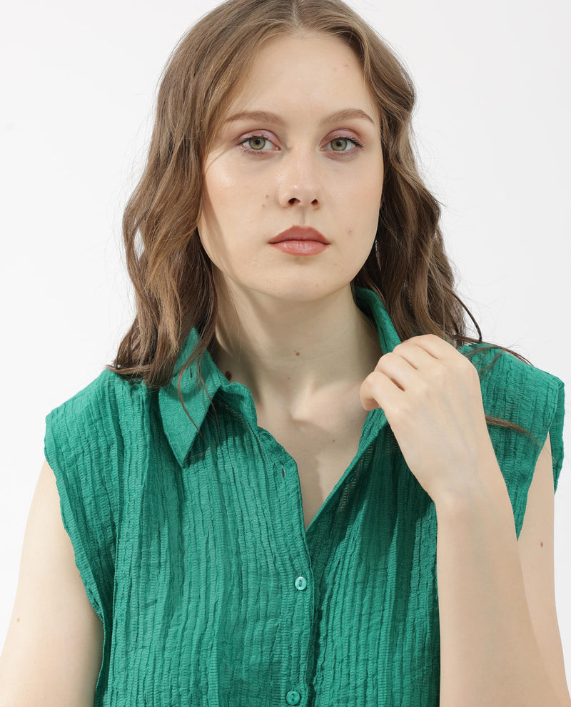Rareism Women's Drummy Green Rayon Nylon Fabric Sleeveless Collared Neck Solid Regular Length Top