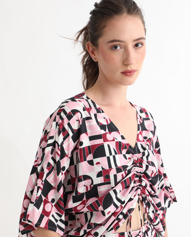 Rareism Women's Duncan Multi Viscose Fabric Short Sleeves Tie-Up Closure V-Neck Extended Sleeve Regular Fit Geometric Print Top