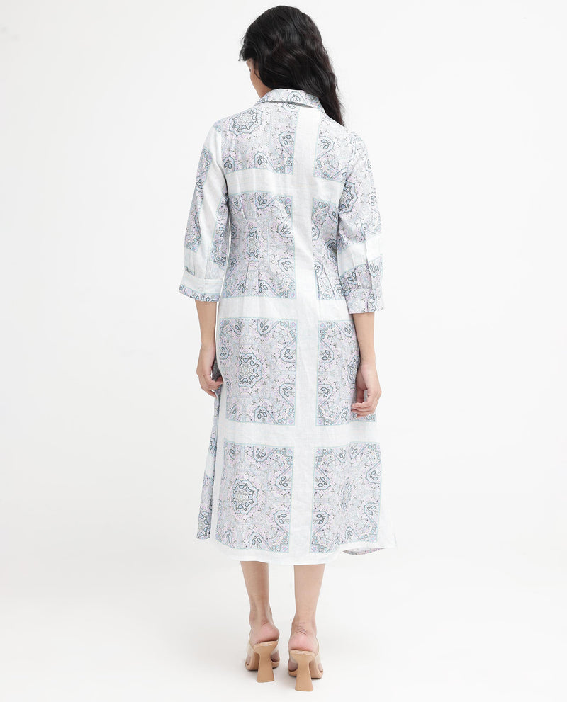 Rareism Women'S Dusturn Multi Cotton Linen Fabric Regular Sleeves Collared Neck Abstract Print Longline Dress