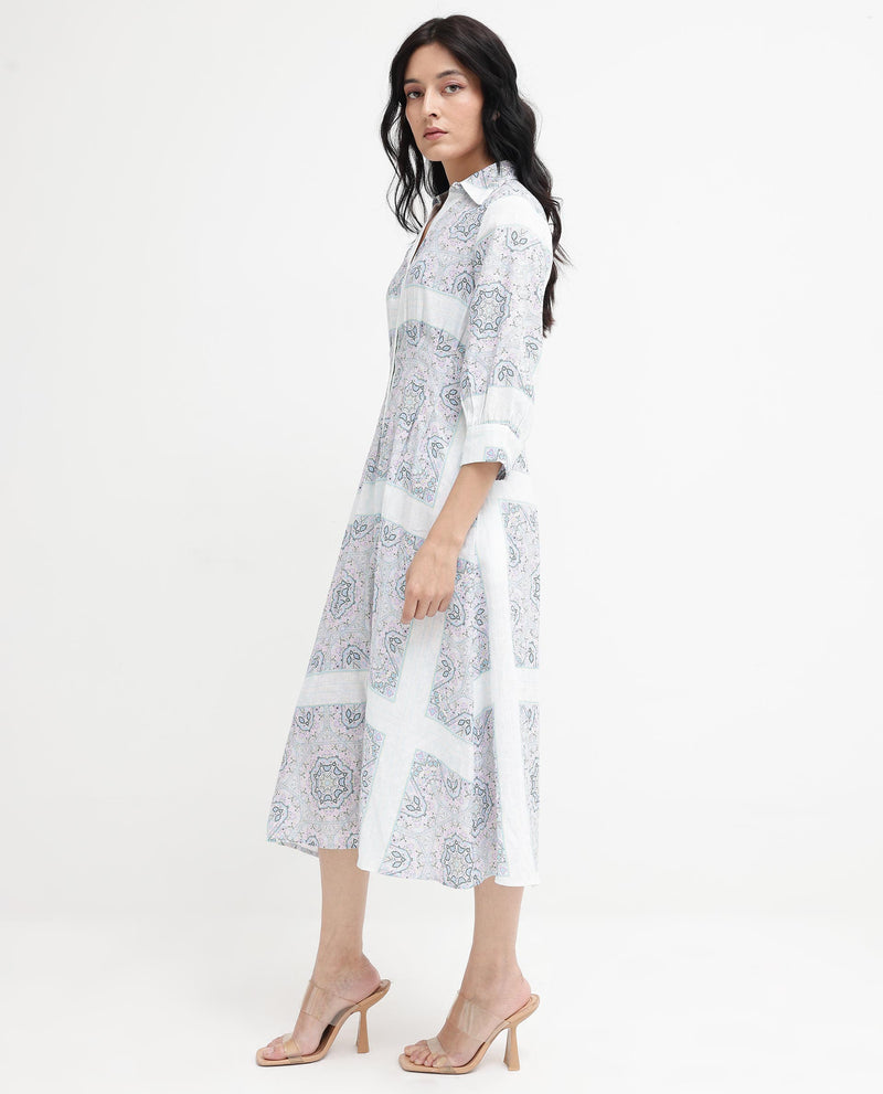 Rareism Women'S Dusturn Multi Cotton Linen Fabric Regular Sleeves Collared Neck Abstract Print Longline Dress