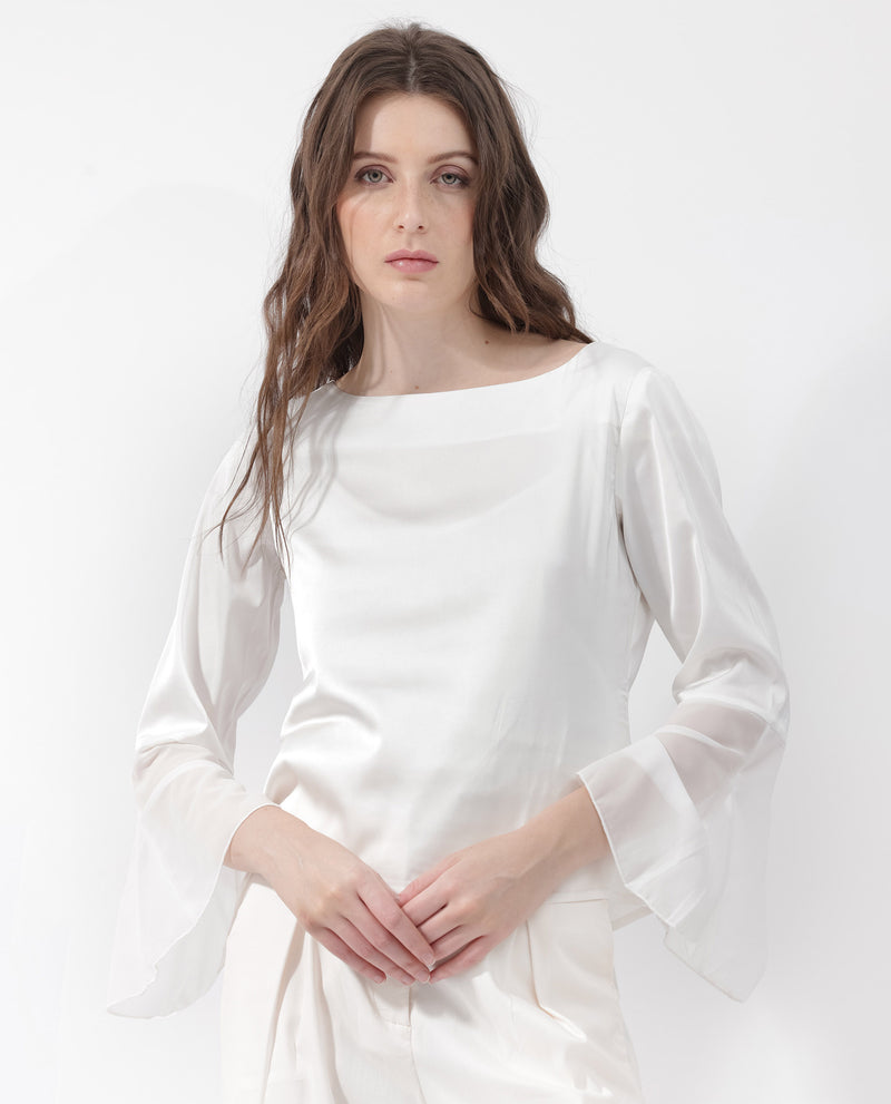 SATIN BOAT NECK TOP WITH CHIFFON BELL SLEEVES