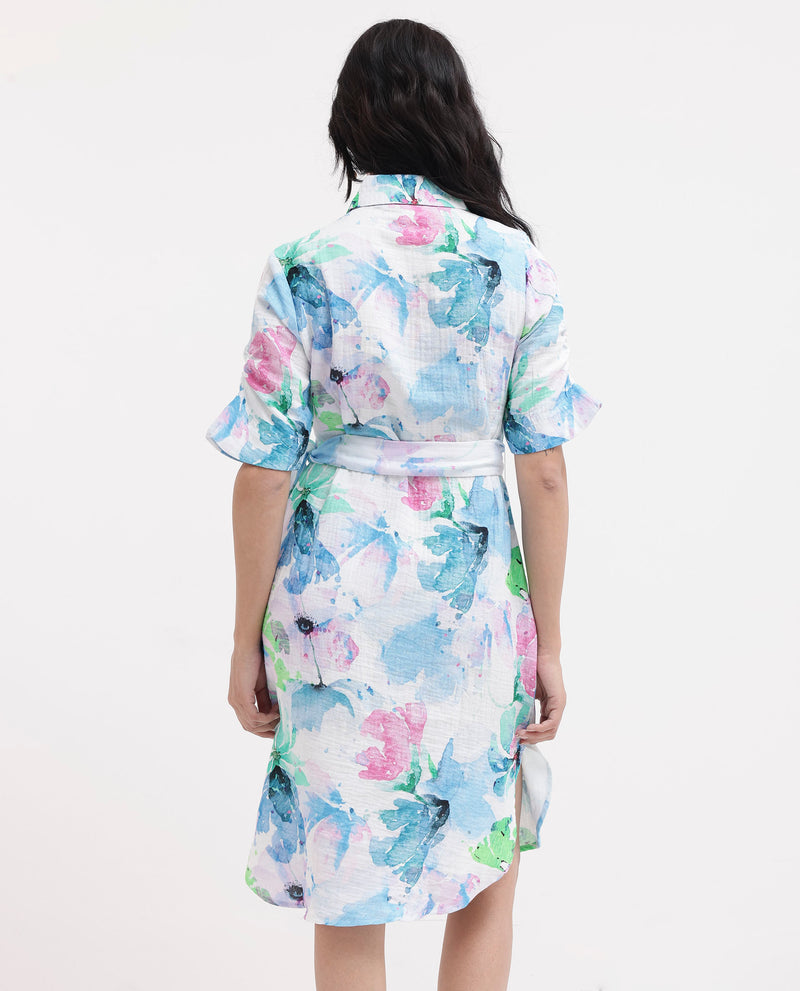 Rareism Women'S Dyusa Multi Cotton Fabric Short Sleeve Collared Neck Floral Print Longline Dress