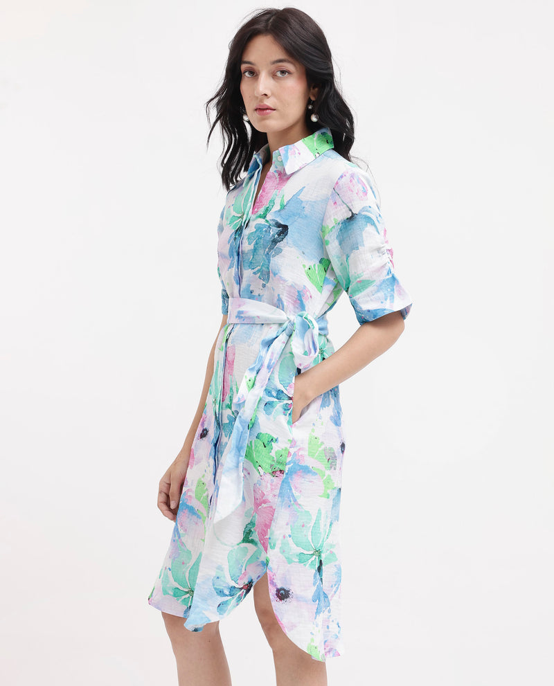 Rareism Women'S Dyusa Multi Cotton Fabric Short Sleeve Collared Neck Floral Print Longline Dress