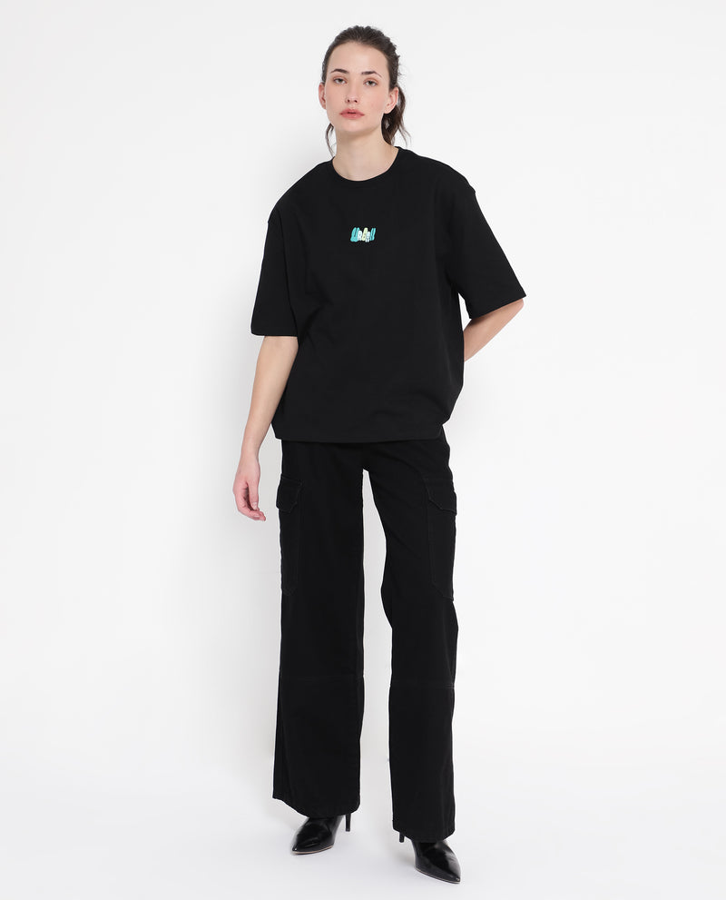 Rareism Women'S Earl Black Cotton Fabric Short Sleeve Crew Neck Solid T-Shirt