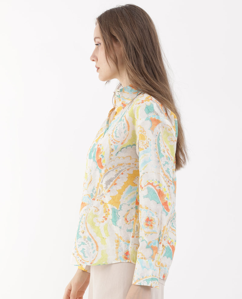 Rareism Women's Egor Fluorescent Multi Cotton Fabric Full Sleeves Button Closure Shirt Collar Regular Fit Paisley Print Top