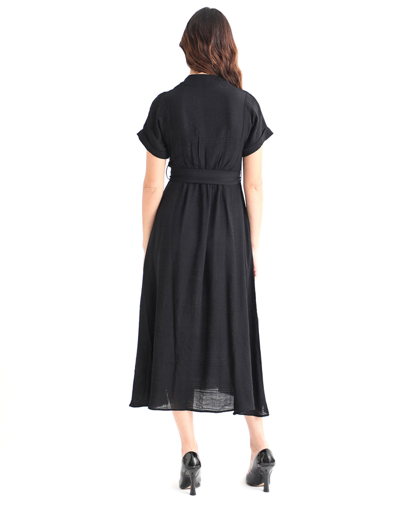 Rareism Women's Ehlam Black Viscose Nylon Fabric Short Sleeves V-Neck Extended Sleeve Regular Fit Checked Midi A-Line Dress