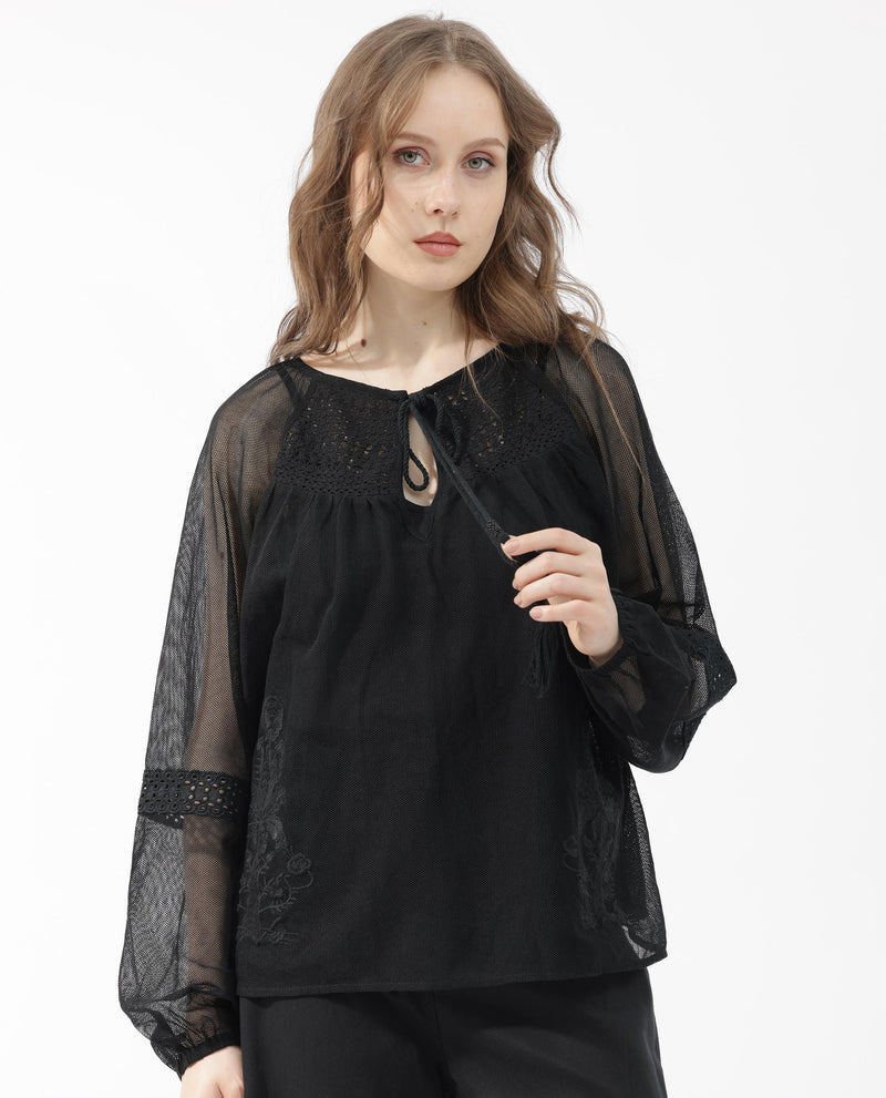 MESH TOP WITH LACE DETAIL AND TIE-UP SLEEVES
