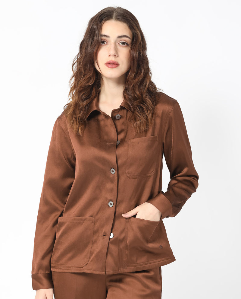 Rareism Women's Elika Brown Polyester Fabric Full Sleeves Button Closure Shirt Collar Regular Fit Plain Jacket