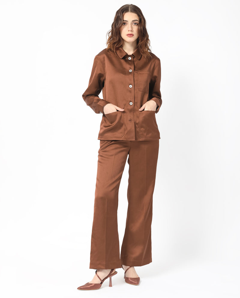 Rareism Women's Elika Brown Polyester Fabric Full Sleeves Button Closure Shirt Collar Regular Fit Plain Jacket