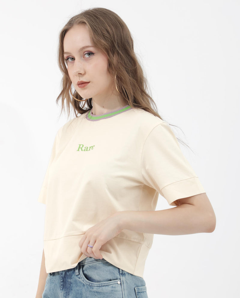 Rareism Women'S Eliza Light Beige Cotton Elastane Fabric Crew Neck Knit Solid T-Shirt