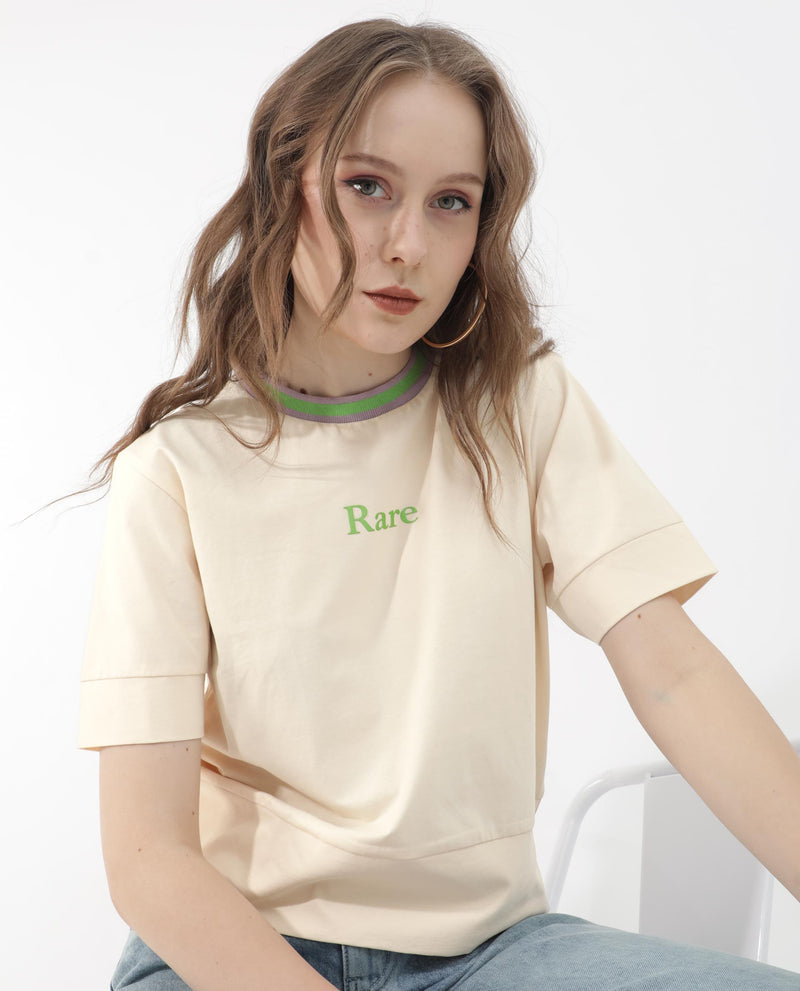 Rareism Women'S Eliza Light Beige Cotton Elastane Fabric Crew Neck Knit Solid T-Shirt