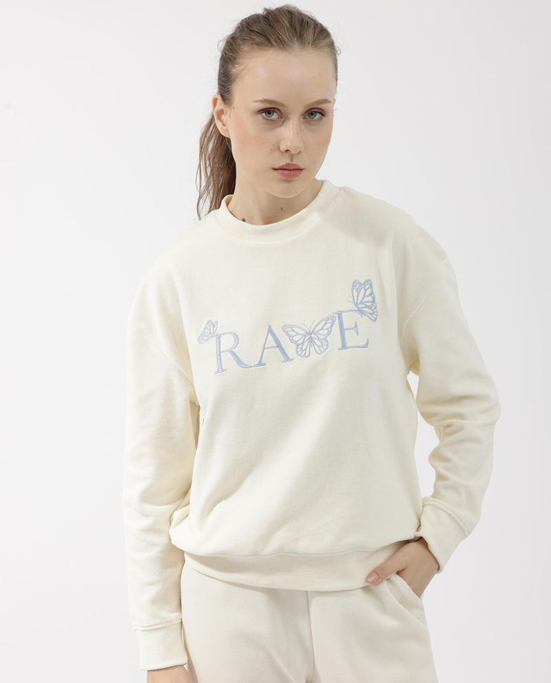 Rareism Articale Women'S Elwes Beige Poly Cotton Fabric Full Sleeves Crew Neck Regular Fit Graphic Print Sweatshirt