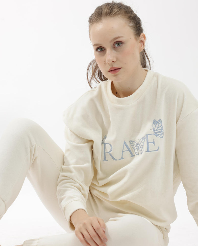 Rareism Articale Women'S Elwes Beige Poly Cotton Fabric Full Sleeves Crew Neck Regular Fit Graphic Print Sweatshirt