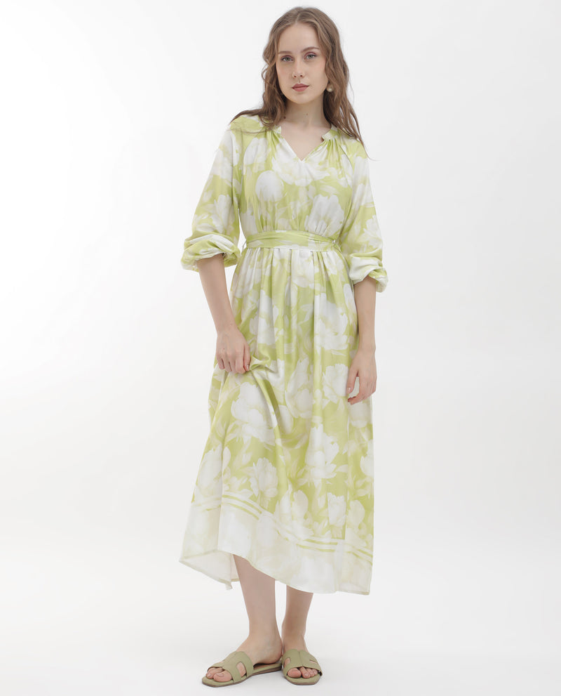 Rareism Women's Emil Green Cotton Fabric Full Sleeves Tie-Up Closure Mandarin Collar Raglan Sleeve Fit And Flare Floral Print Maxi Dress