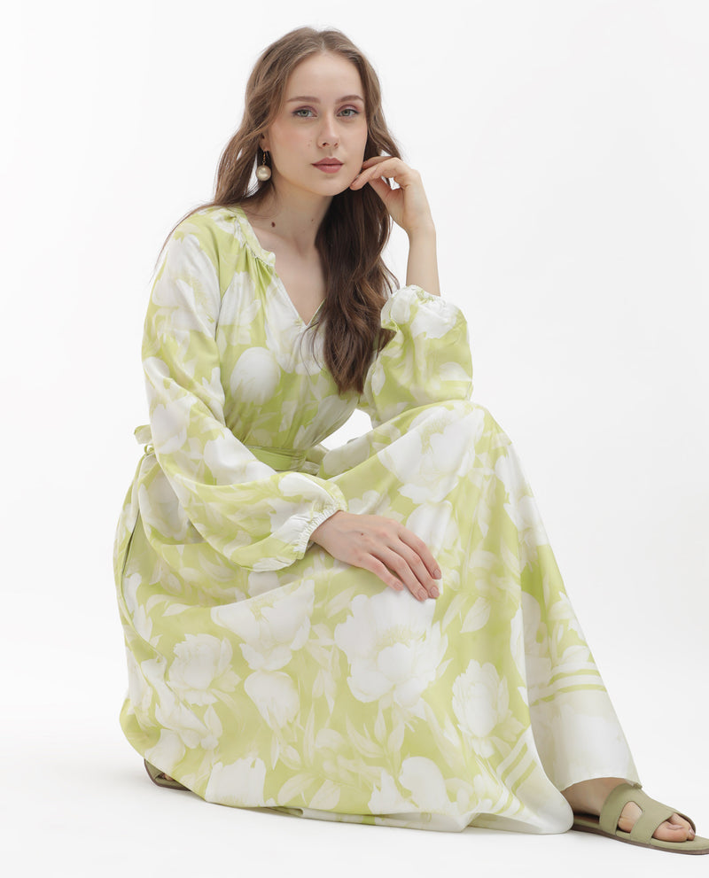Rareism Women's Emil Green Cotton Fabric Full Sleeves Tie-Up Closure Mandarin Collar Raglan Sleeve Fit And Flare Floral Print Maxi Dress