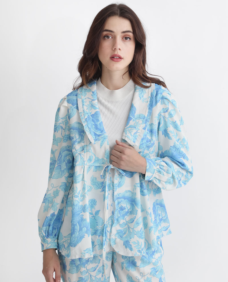 Rareism Women's Enstar Light Blue Polyester Fabric Full Sleeves Tie-Up Closure V-Neck Balloon Sleeve Relaxed Fit Floral Print Top