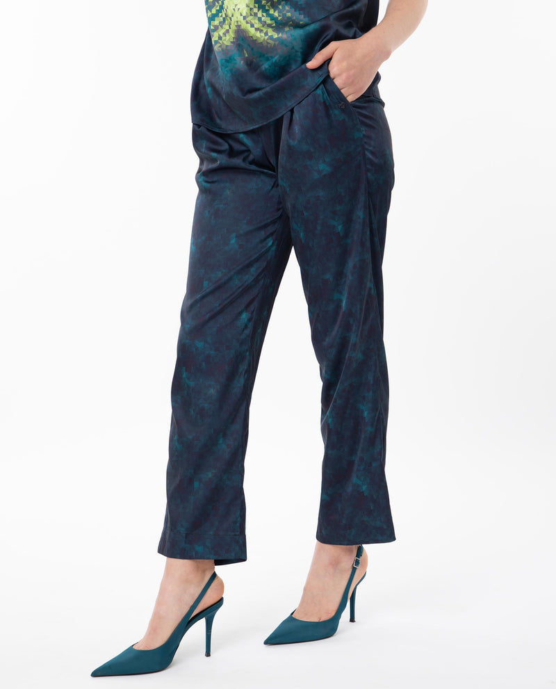 Rareism Women's Erent Blue Polyester Fabric Relaxed Fit Abstract Print Ankle Length Trousers