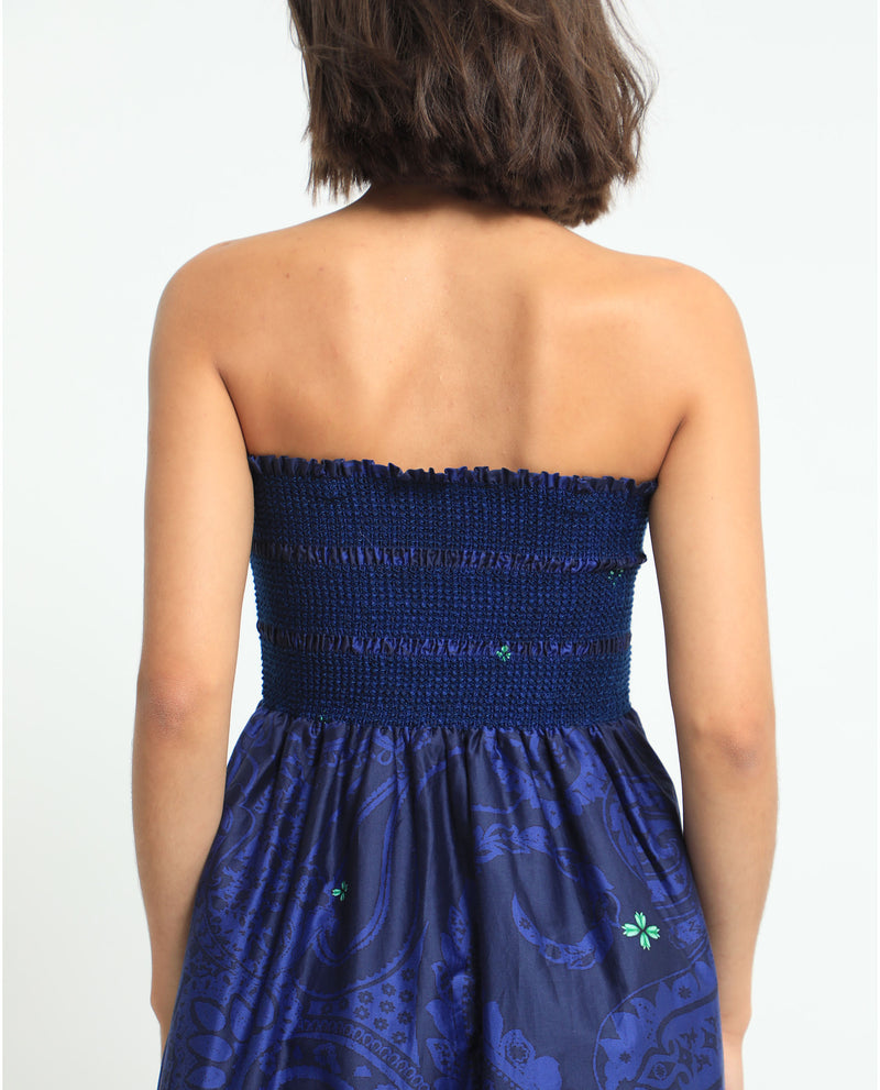 Rareism Women's Ergen Blue Cotton Fabric Sleeveless Shoulder Straps Fit And Flare Floral Print Midi Empire Dress