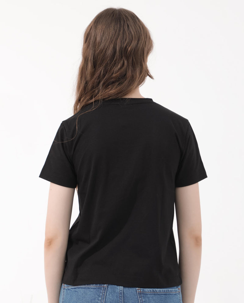 Rareism Women'S Erin Black Cotton Poly Fabric Short Sleeve Crew Neck Solid T-Shirt
