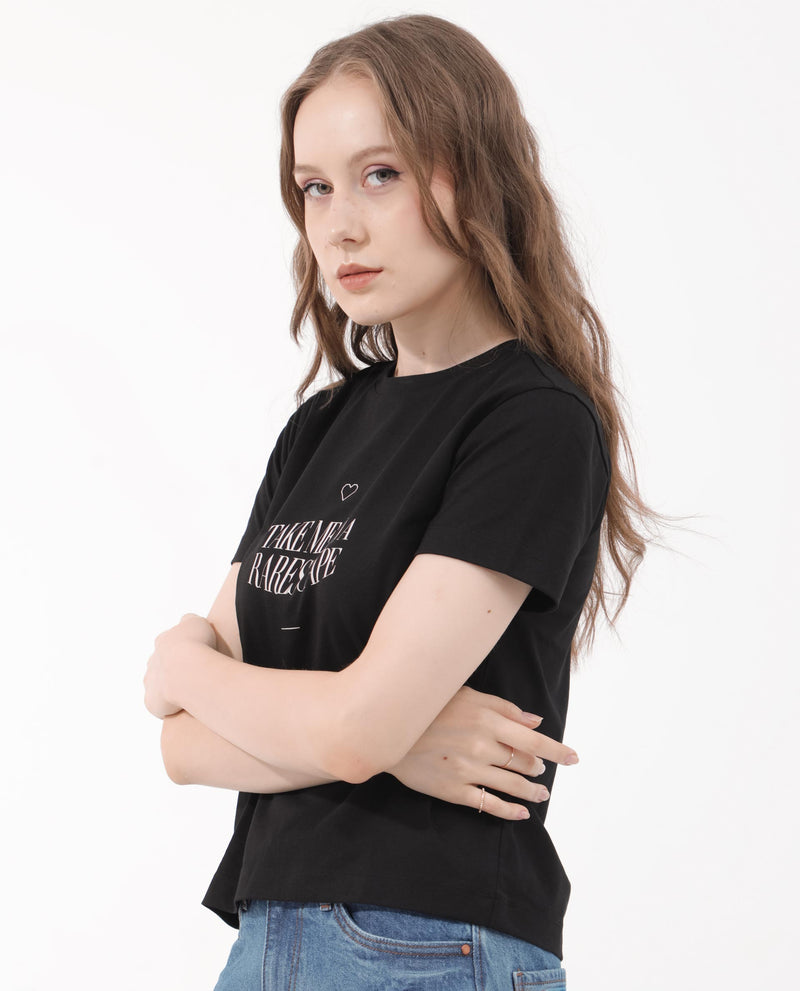 Rareism Women'S Erin Black Cotton Poly Fabric Short Sleeve Crew Neck Solid T-Shirt