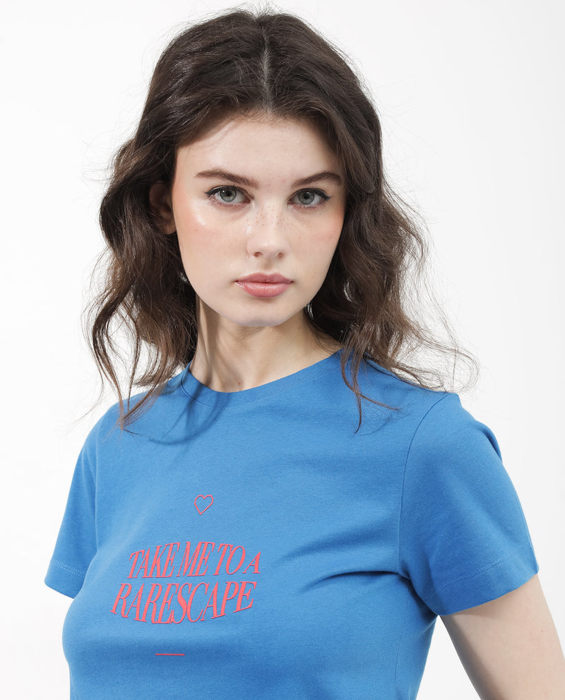 Rareism Women'S Erin Blue Cotton Poly Fabric Short Sleeve Crew Neck Solid T-Shirt
