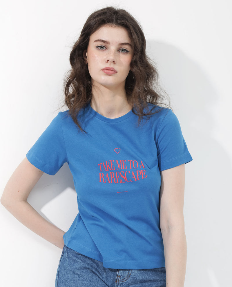 Rareism Women'S Erin Blue Cotton Poly Fabric Short Sleeve Crew Neck Solid T-Shirt