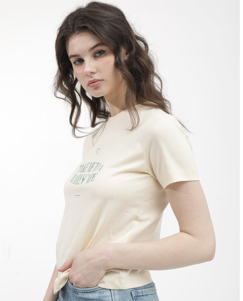 Rareism Women'S Erin Light Beige Cotton Poly Fabric Short Sleeve Crew Neck Solid T-Shirt