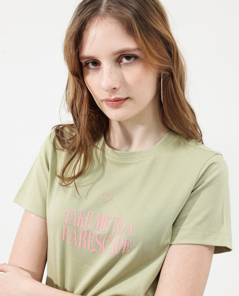 Rareism Women'S Erin Light Green Cotton Poly Fabric Short Sleeve Crew Neck Solid T-Shirt