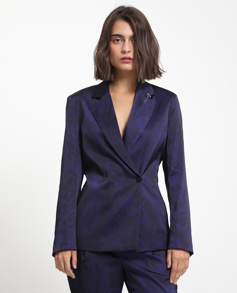 Rareism Women's Esena Dark Navy Polyester Fabric Full Sleeves Button Closure Lapel Neck Tailored Fit Abstract Print Blazer